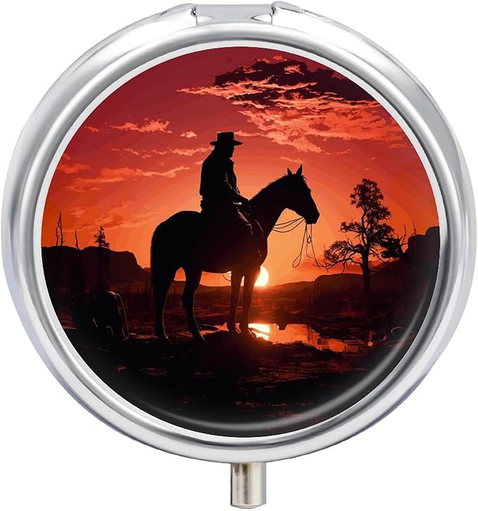 Round Metal Pill Box,Cowboy West Printed Travel Pill Organizer Portable Pill Container Small Pill Box for Purse and Pocket for Storing Vitamins, Medicines and Supplements