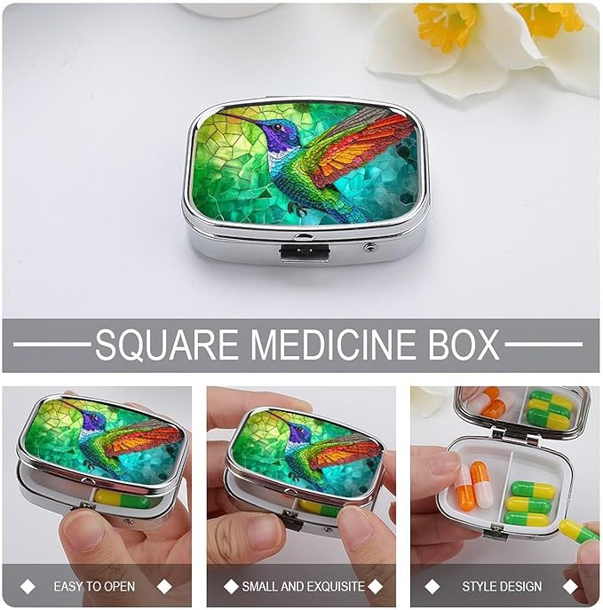 Colorful Humming Bird Pill Box 2 Compartment Stained Glass Portable Medicine Pill Case Travel Pill Organizer for Pocket Purse
