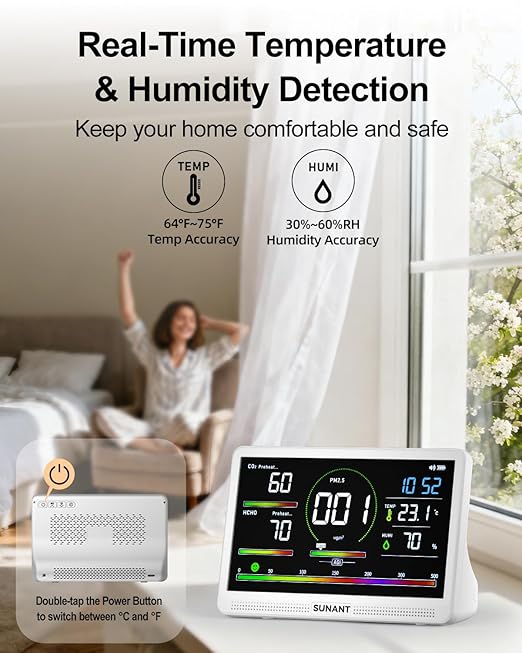 16 in 1 Indoor Air Quality Monitor, 7" LED Display 9 AQI+7 AQI Auto Alerts Air Quality Meter for CO2 Monitor/HCHO/TVOC/Temperature/Humidity, Battery Powered, Air Detector Air Quality Tester for Home