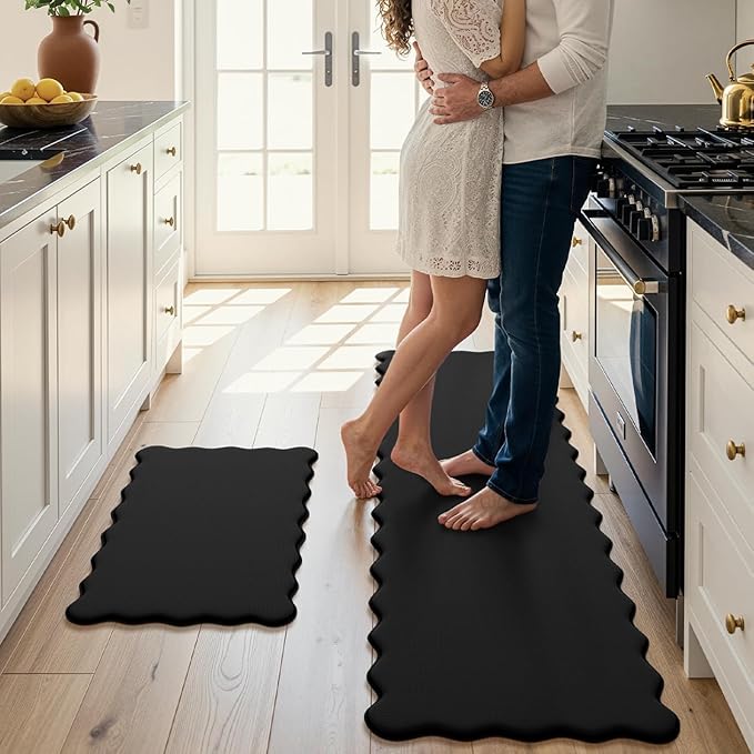 KIMODE Scalloped Kitchen Mats for Floor Cushioned Anti Fatigue,Wavy Kitchen Sink Rugs Sets of 2 Non Slip,Comfort Memory Foam Kitchen Floor Mat Carpet for Office Laundry,Black