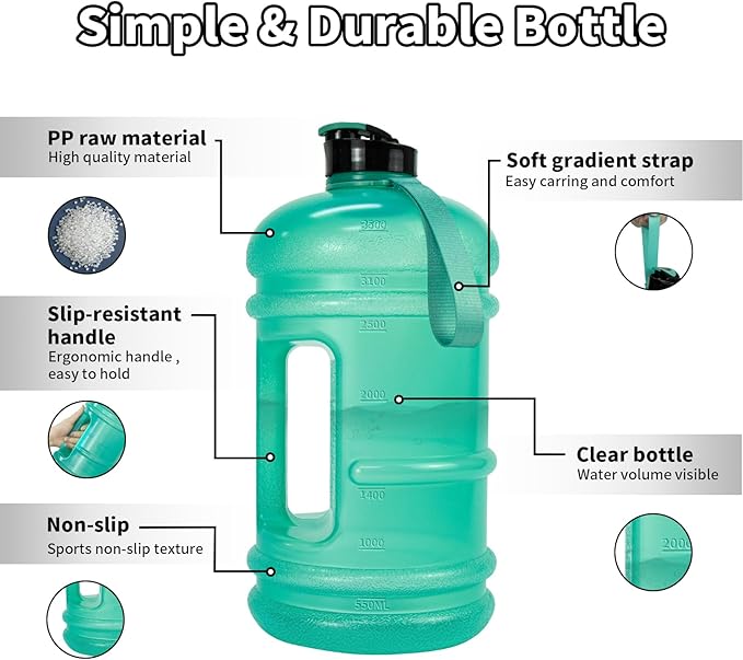TOOFEEL 1 Gallon Water Bottle,Leakproof,Bpa Free,Dishwasher Safe,128 oz Large Water Jug wiht Handle,Travel & Camping & Sports & Gym Water Bottle For Men and Women - Transparent Mint Green