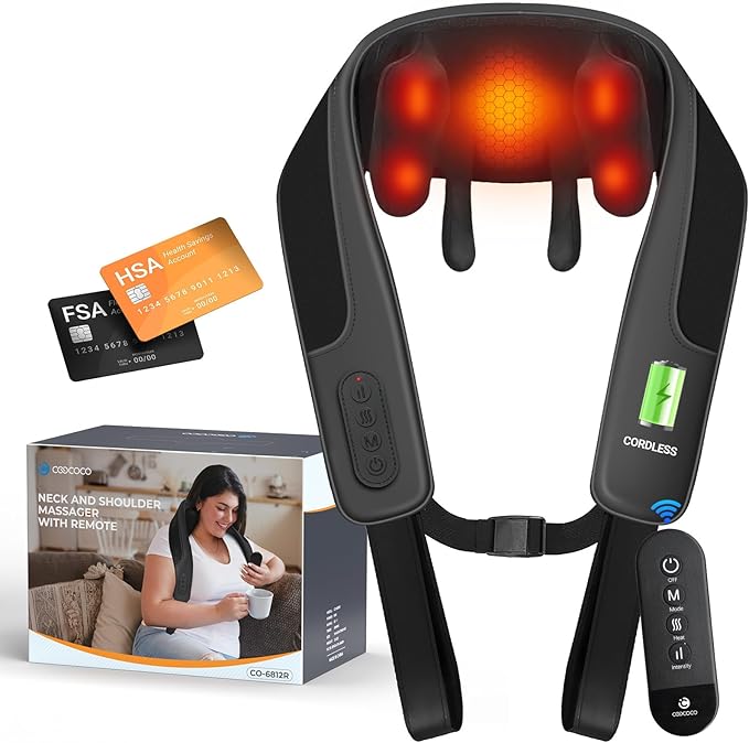 CooCoCo Cordless Neck Massager with Heat[Remote], FSA Eligible Shiatsu Back Massager for Pain Relief Deep Tissue, Upgraded Heating, HSA Store Approved Neck and Shoulder Massager for Men Women Dad Mom