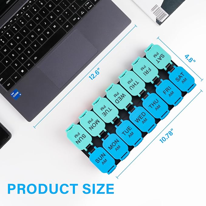 Large 7 Day Pill Organizer, XL AM PM Twice a Day Medicine Storage Box, Big 2 Week Pill Holder for Pills, Vitamins & Supplements, Travel Pill Case for Medication（Blue+Cyan）