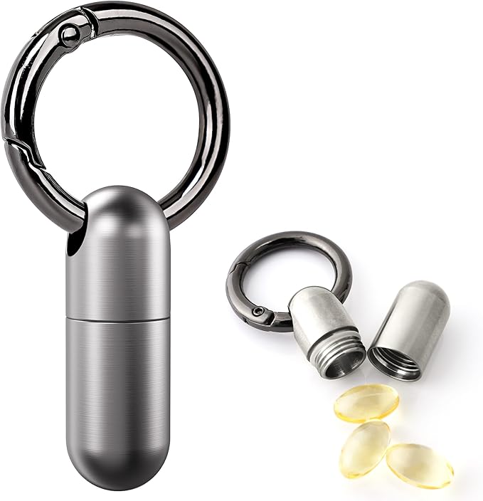 TISKY Small Keychain Pill Holder Titanium,Waterproof Tiny Pill Container with Keyring,Mini Portable Pill Case for Travel,Pill Organizer for Purse Pocket(Silver)
