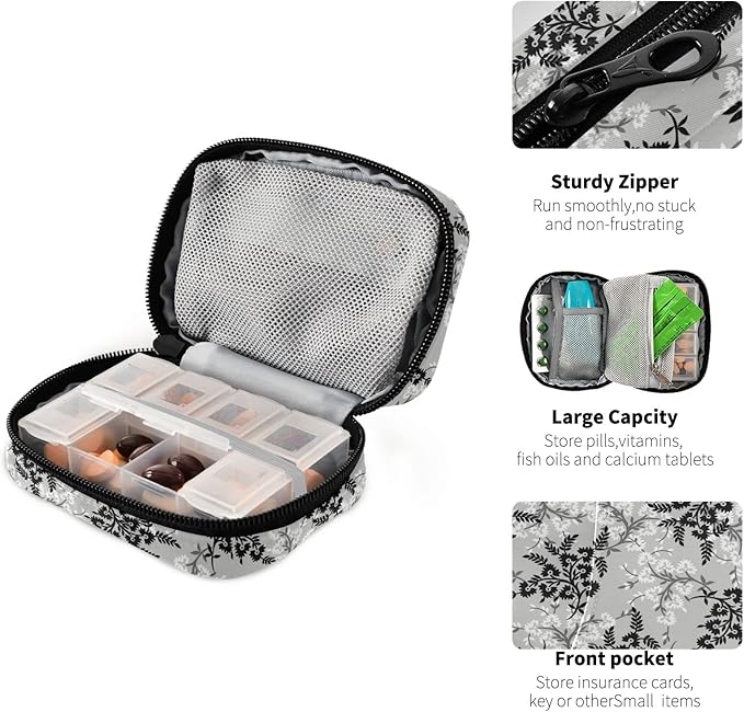xigua Pill Organizer 7-Day Travel Pill Box Bag Black & Grey Small Flowers Pattern Daily Pill Case with Zipper Portable Suitable,Vitamin Supplement Holder