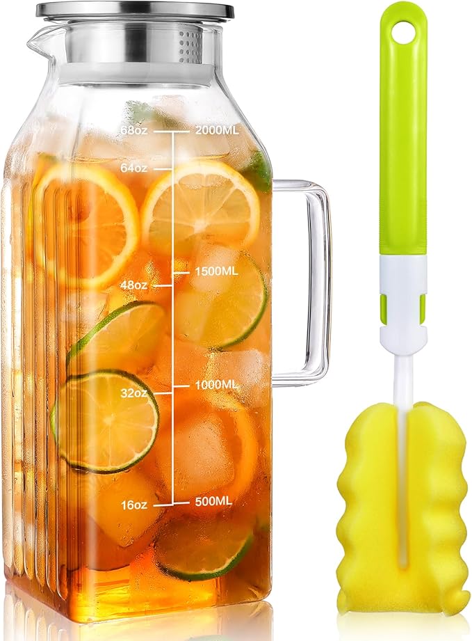 Aofmee 68oz Glass Pitcher for Fridge Door, 2 Liter Square Water Pitcher with Lid and Scale Line, Heat Resistant Tea Pitchers, Leak Proof Juice Jug, Borosilicate Glass Carafe for Hot/Cold Beverage