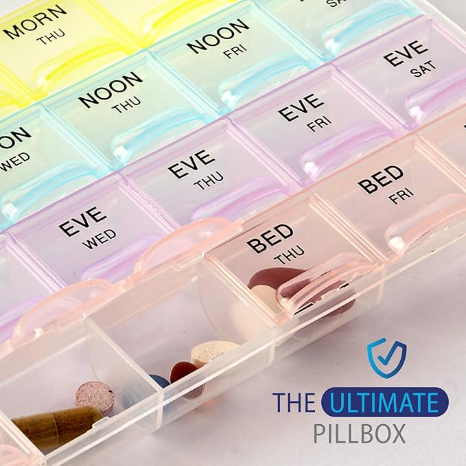 Deke Home - Pill Organizer 4 Times a Day (2 Pack), Weekly Medicine Box with Morning, Noon, Evening, Bed Compartments, Translucent, Easy-to-Open Pill Case, 7-Day Travel Medication Organizer for Vitamin