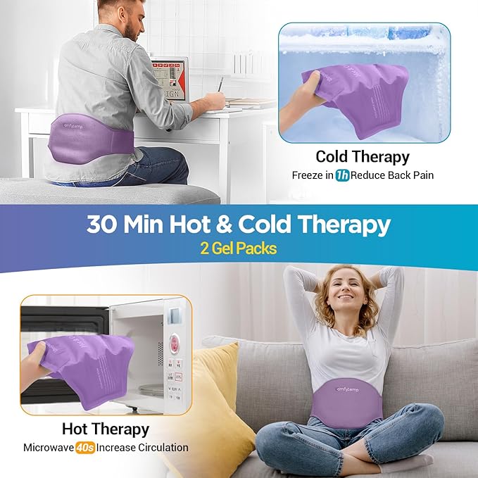 Comfytemp Ice Pack for Back Pain Relief, 2 Pcs, Sciatica Ease Brace, Reusable Gel Lower Back Ice Wrap for Injuries, Hot Cold Compress for Lower Lumbar, Waist, Men Women After Surgery (Purple)