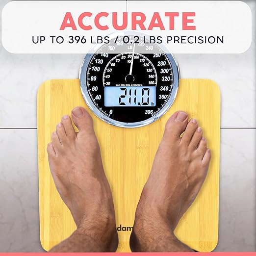 Adamson Hybrid 2-in-1 Analog & Digital Weighing Scale for Body Weight up to 400lbs - Thick Tempered Glass - Extra Large Display - Easy to Read Digital Bathroom Scale - Wood with White Backlight