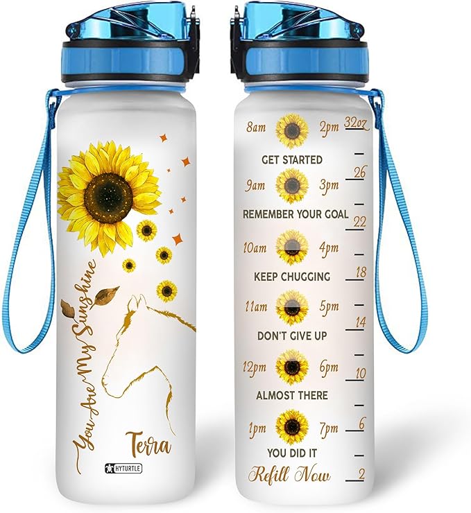 Hyturtle Personalized You Are My Sunshine Horse Sunflower 32oz Liter Motivational Water Bottle, Customized Name Tracking Water Bottle Gifts For Women Horse Lover Sunflower Lover On Birthday