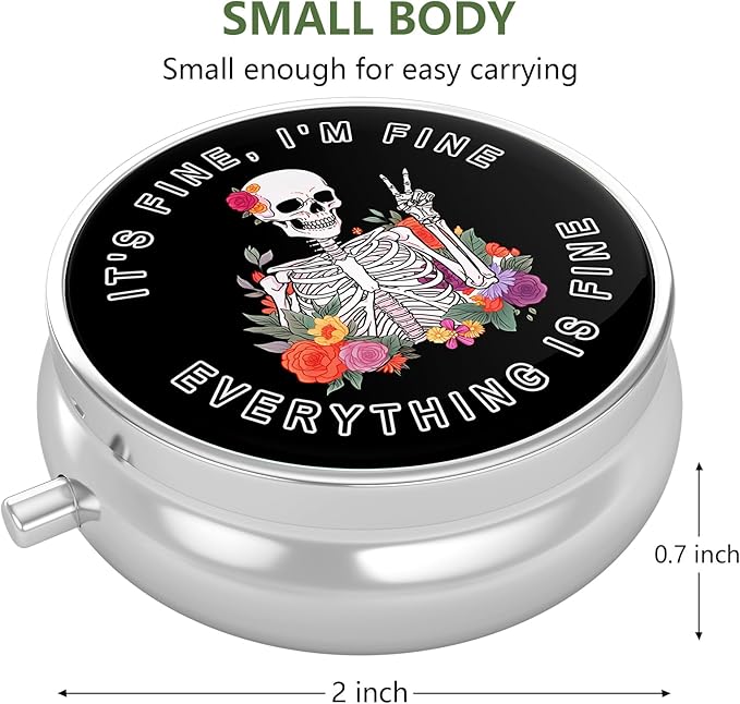 Nipichsha Pill Box, Small Pill Case for Purse & Pocket, Cute Travel Medicine Organizer, Portable Medicine Container Holder to Hold Vitamins, Medication, Fish Oil & Supplement, Flower Skull