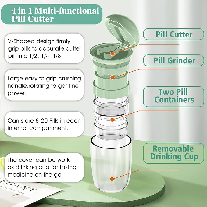 Pill Cutter Splitter with Dispenser, Pill Cutter for Small or Large Pills, Crushes Pills, Vitamins, Tablets, Stainless Steel Blade, Removable Drinking Cup (Green-1)
