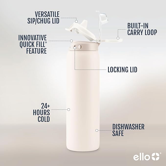 Ello Pop & Fill Insulated Stainless Steel Water Bottle with Quick Fill Lid, Leakproof Locking, Sip or Chug Spout, BPA-Free, Double Wall Vacuum Insulated for Sports, Travel & School- 22oz / 32oz / 40oz