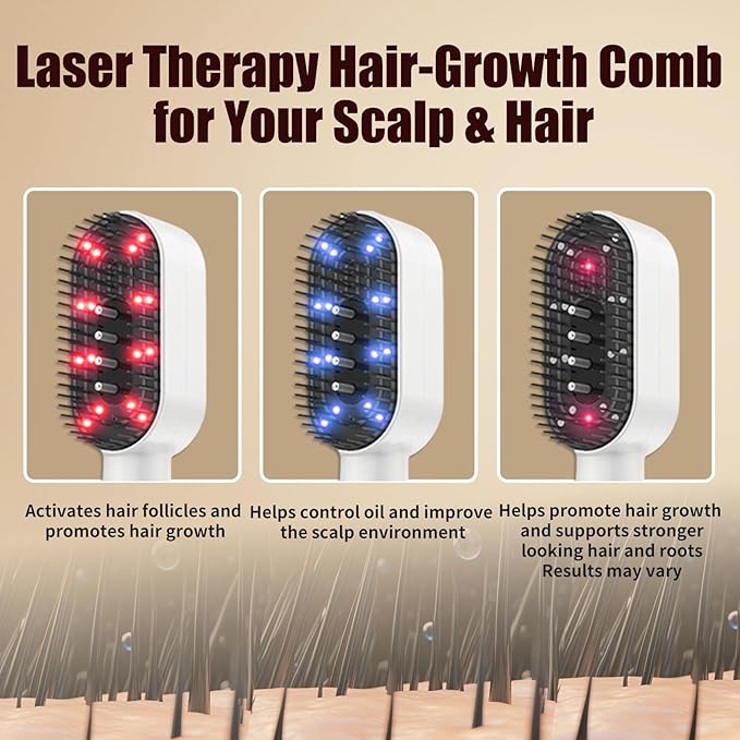 Laser Therapy Hair Growth Comb for Thinning Hair, Red Light Therapy Scalp Massager with Blue Light Comfort Mode & Vibration, Rechargeable Handheld Hair Growth Device for Men and Women