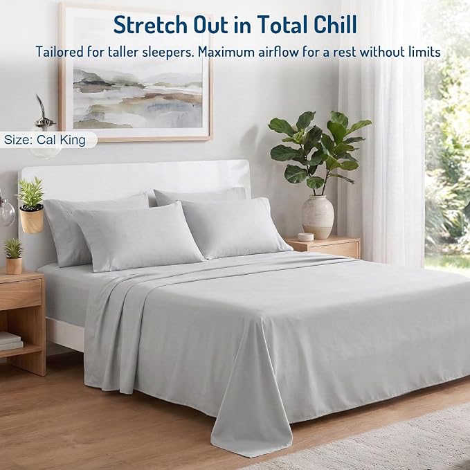 Degrees of Comfort Coolmax® Cooling Bed Sheets California King Size for Hot Sleepers, Moisture Wicking Sheet Set for Night Sweats, Deep Pocket, Ultra Soft, Cozy for All Seasons, Light Grey 4 Pieces