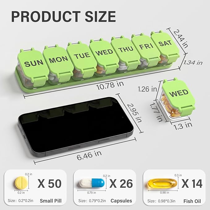 Extra Large Weekly Pill Organizer - Waterproof 7-Day Pill Box, Portable Vitamin & Supplement Case, Easy to Open Design, Ideal for Travel a nd Daily Medication Management (Green)