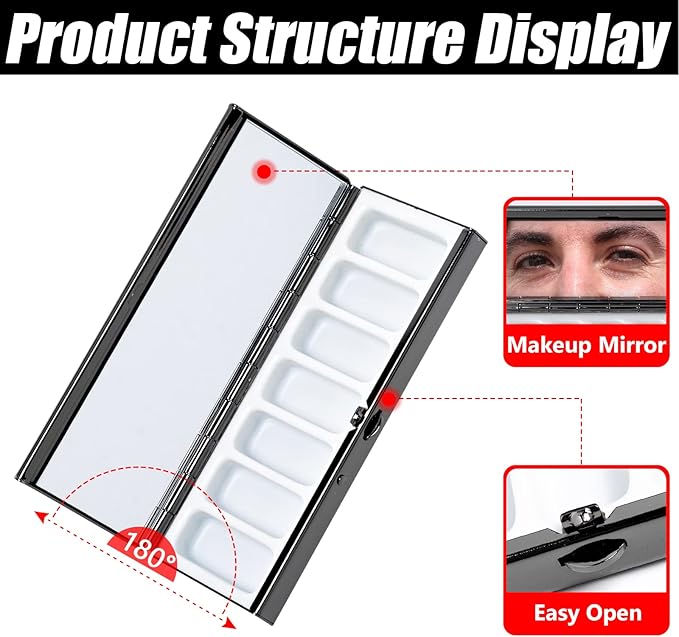 7 Day Pretty Mini Metal Pill Organizer Metal Manufacturing Inside The Makeup Mirror Sleek Look Easy to Carry Fashionable Texture Plating Gun Black More Exquisite (Gun Black)