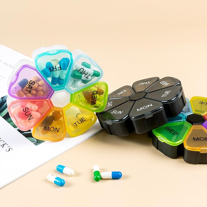 7 Day Pill Case for Medication, Vitamins, Fish Oils, Supplements, Travel Pill Box (Glitter Clear)