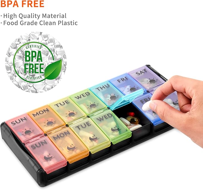 Extra Large Pill Organizer 2 Times a Day, FGcase Easy Fill AM PM Pill Box, Large Capacity Quick-Refill 7 Day Pill Cases for Pills/Vitamin/Fish Oil/Supplements Rainbow Black