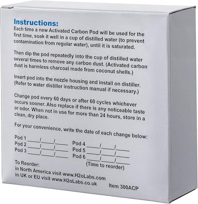 H2o Labs Exclusive Carbon Pods for Water Distillers - Lasts 2x as Long as Most Other Filters & Sachets - Contains 3x More Carbon for Pure Distilled Water - One-Year Supply