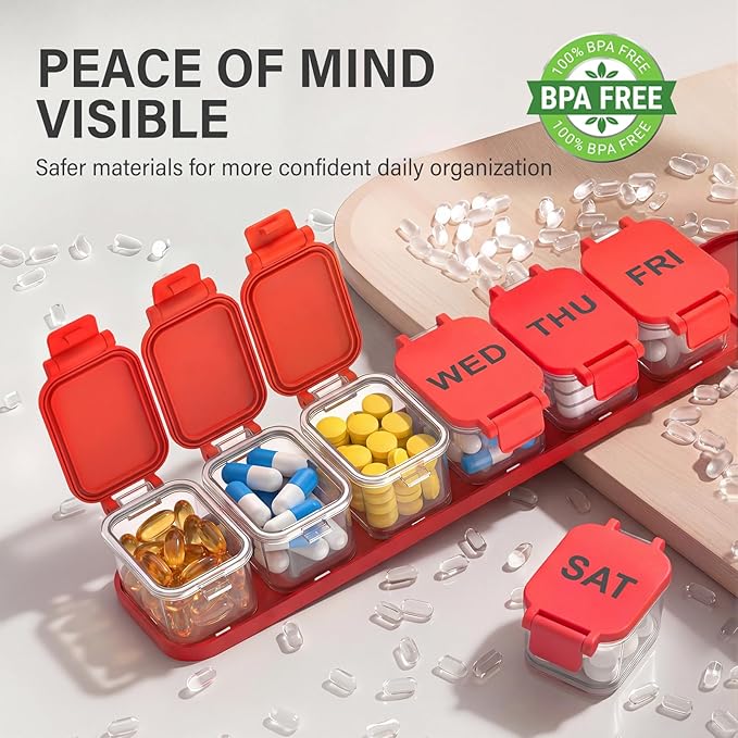 Extra Large Weekly Pill Organizer - Waterproof 7-Day Pill Box, Portable Vitamin & Supplement Case, Easy to Open Design, Ideal for Travel a nd Daily Medication Management (Red)