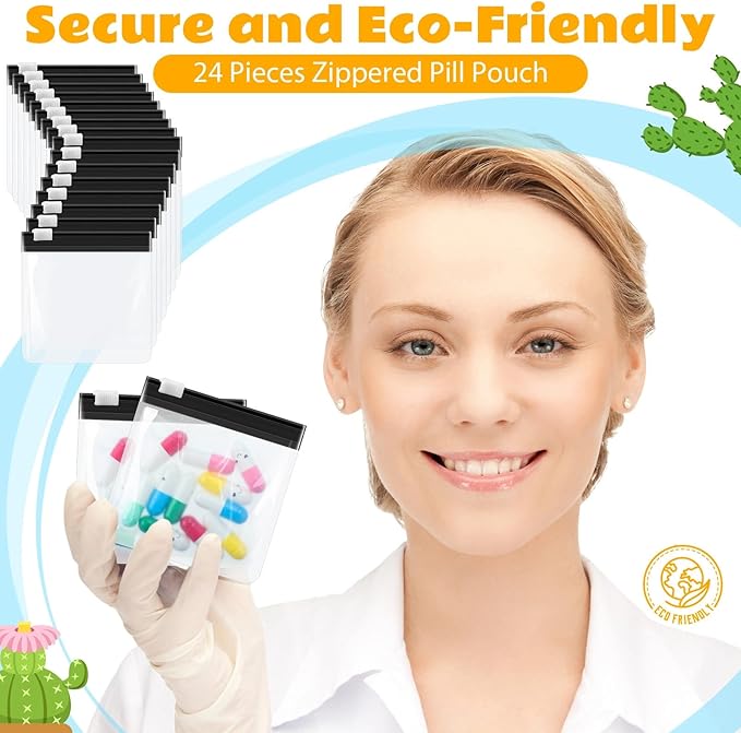 24 Pieces Pill Pouch Bags Zippered Set Reusable Translucent Medicine Organizer Sealing Travel Plastic Bags with Slide Lock for Storage(Black)