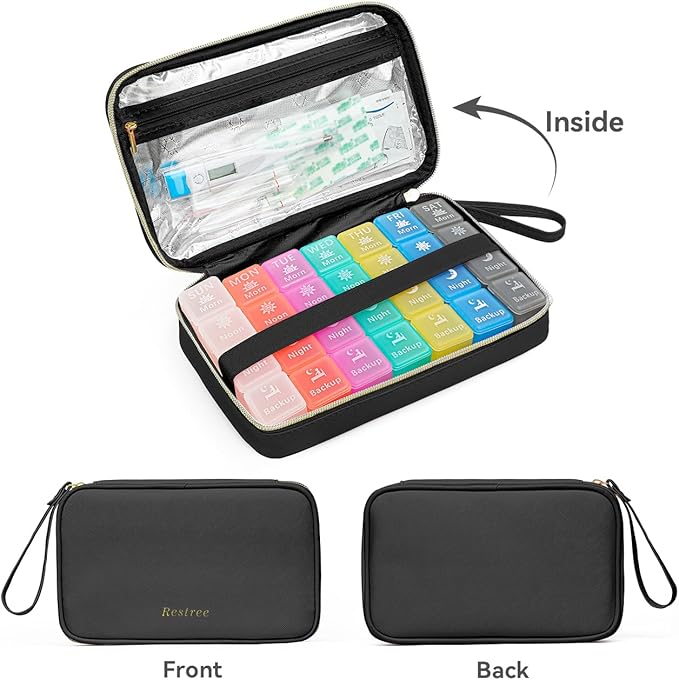 Restree Monthly Pill Organizer 28-Compartment Pill Case, 4 Times Daily Medication Container, Travel-Friendly Pill Box for Vitamins Supplements (Black)