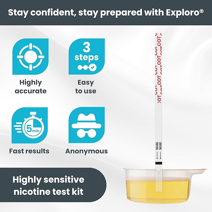 Exploro Nicotine Testing Kit at Home, Cotinine Urine Test, Highly Sensitive Nicotine Test Strips for Urine, Nicotine Test, Accurate Nicotene Test & Vape Test for Cut-Off Level 200 ng/ml (Pack of 25)