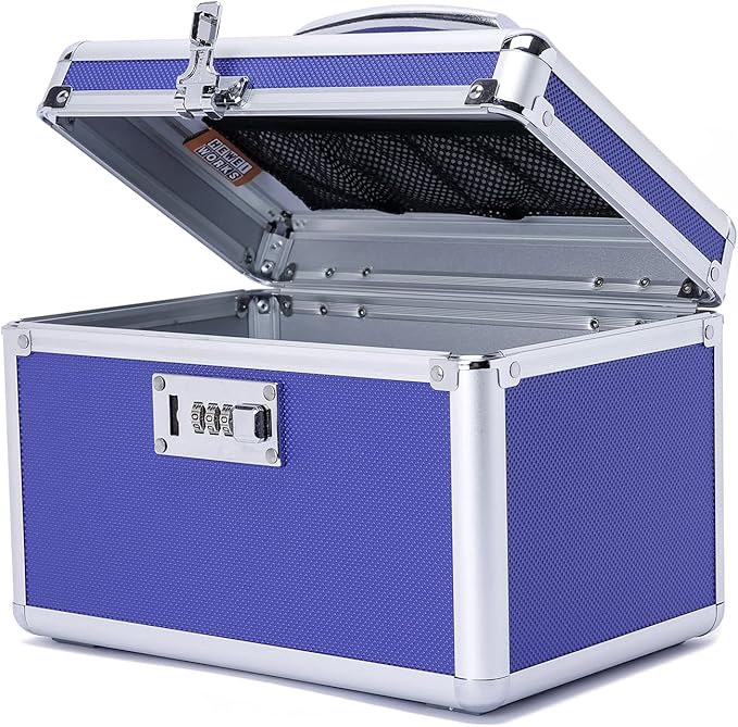 Combination Locking Medication Box with Portable Storage Case, 10.2''x 6.8''x 6.8'', Childproof Medicine Lock Organizer, Lockable Box for Documents & Valuables (Blue/Small)