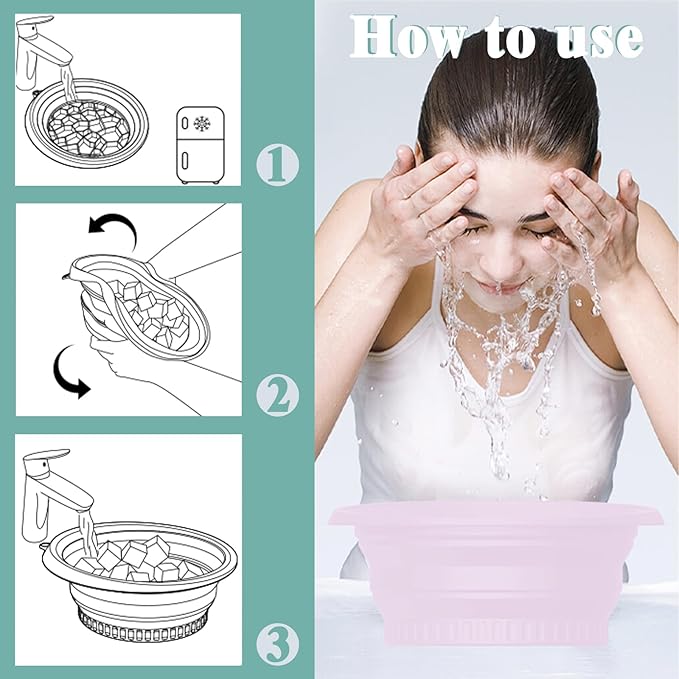 Large Silicone Bowl for Face Ice Bath with Built-In Icetray, Foldable and Hanging Design for Easy Storage and Carrying, Dipping Face Ice Bath at Home and Travel (Purple)
