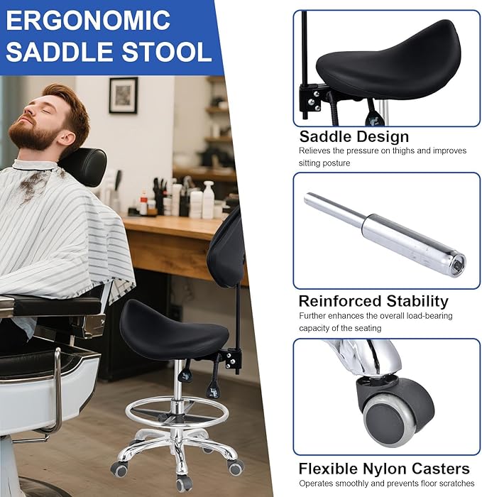 Saddle Stool with Adjustable Backrest and Footrest, Hydraulic Height Swivel Saddle Chair Ergonomic Rolling Stool with Wheels, Heavy Duty SaddleChair for Beauty Salon Spa Dentist tattooshop (Black)