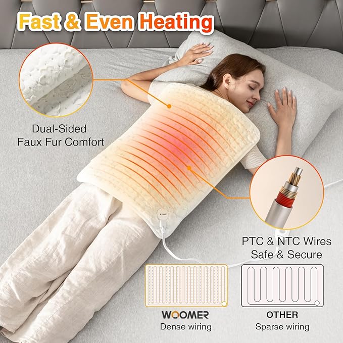 Woomer Faux Fur Electric Heating Pad for Back Pain Relief, Extra Large 20” x 24”, Extended Coverage from Neck to Hip, Two-Sided, Moist Mode, ETL Certified, 6 Adjustable Heats & 2H Auto-Off,White