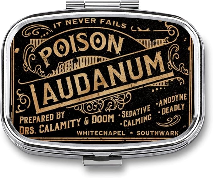 Metal 2 Compartment Pill Organizer Travel Friendly Portable Compact Pill Box Cute Pill Case to Hold Vitamins/Fish Oil/Supplements/Meds/Tablet for Purse/Pocket (Poison Laudanum)