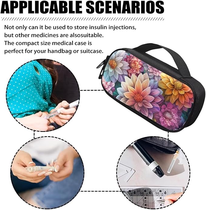 Bohemian Floral Diabetic Supplies Bag Carrying Case Organizer for Diabetes Testing Kit, Blood Glucose Monitor Kit, Meter, Test Strips, Lancets, Insulin Cooler Travel Case Daily Life
