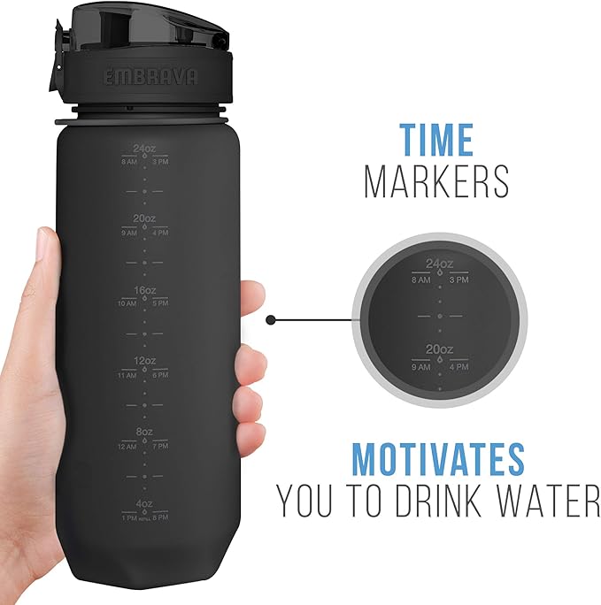 Embrava 24 oz Water Bottle with Time Marker - BPA Free Motivational Sports Bottle - Leak Proof Flip Top Lightweight Tritan Plastic - Gym School Office Hiking - Time Marked Water Bottles for Women Men