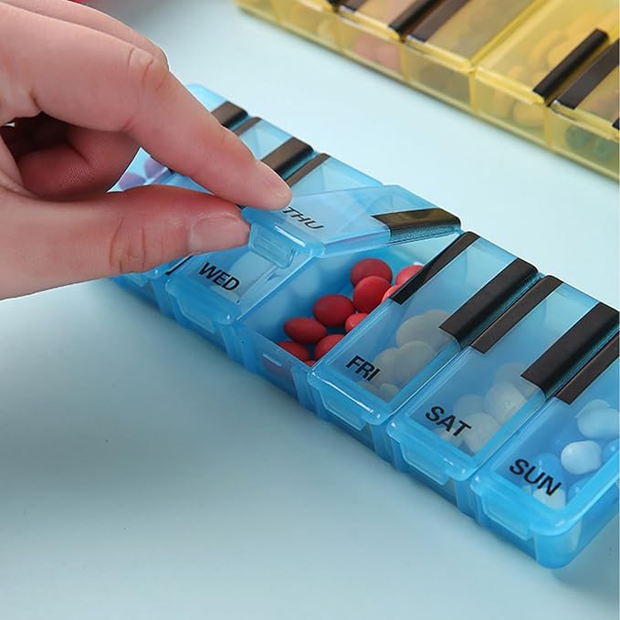 Pill Organizer 7 Day for Travel BPA Free Weekly Pill Organizer Piano-Keyboard Pill Box,Vitamin Organizer (Blue)