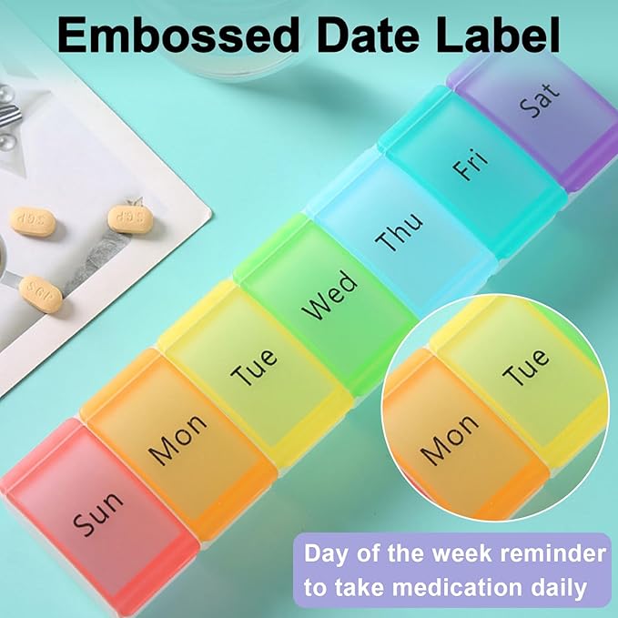 Pill Organizer, Weekly Portable Pill Dispenser, Travel Daily Pill Case Box Holder, 7 Compartment Medication Planner for Vitamin, Medicine, Fish Oil, Supplements (Transparent, 7-Color lid