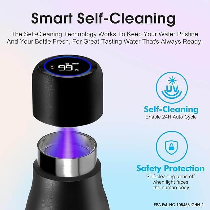 VSITOO 14.8oz Mini Smart Self-Cleaning Water Bottle，Small Insulated Stainless Steel Thermoses with AI Self-Clean, 30-Day Battery & Magnetic Charging for Travel, Gym, Office or Purse, Black