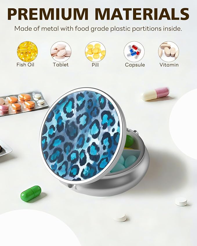 LRITER Pill Case, Portable Travel Pill Box, Pillbox Organizer, Cute Small Medicine Storage Container, Purse Accessories for Women, Men (Blue Leopard Print)