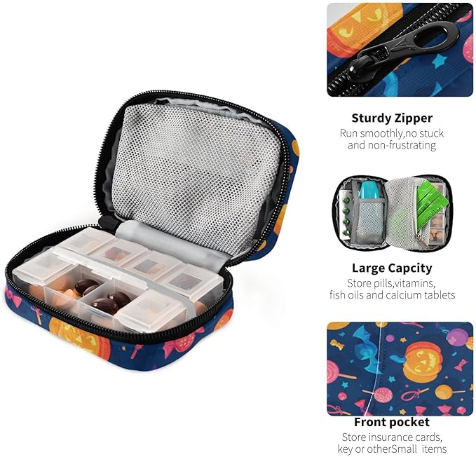 Sweet Halloween Pumpkin Travel Pill Organizer Case Box Container Weekly Portable Vitamin Medicine Holder Storage Bag with Zipper Removable