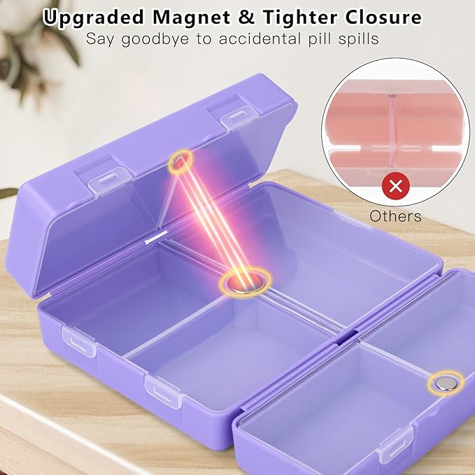 FYY Daily Pill Organizer,7 Compartments Portable Pill Case Travel Pill Organizer,[Folding Design] Large Pill Box for Purse Pocket to Hold Vitamins,Cod Liver Oil,Supplements and Medication-Purple