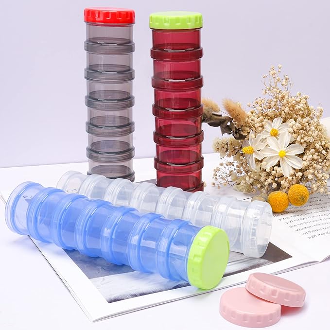 2 Pack 7 Day Pill Organizer Case Stackable Weekly Supplements Vitamins Pills Holder Dispenser Large Translucent Pink with Extra Lid