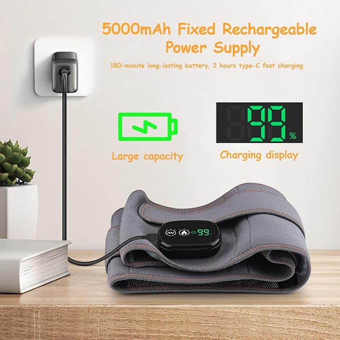 Electric Heating Pad with Massage, 3-Level Heating & Vibration for Lumbar Massager, 5000mAh Rechargeable, LED Controller, Portable Heating Pad for Lower Back Pain Relief, Gray