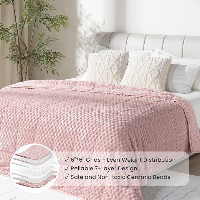 Drewin Queen Size 20 lbs Weighted Blanket for Adults, Soft Fuzzy Jacquard Sherpa Weighted Blankets for Sleeping, Cozy Sofa Bed Blanket for Winter, Pink, 60 x 80 inches