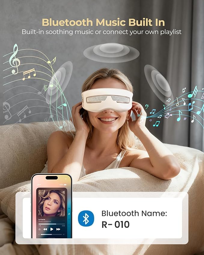 Eye Massager with Heat and Cooling, Integrated Smart Mask with Nose Rest and Soft Silicone Massage head, 4 Massage Modes for Migraines, Dry Eye, Dark Circles,Bluetooth Music, Gift for Women (White)