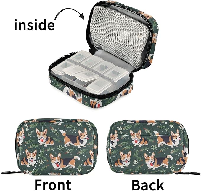 Fustylead Cute Welsh Corgi and Pine Cypress Leaves Pill Organizers 2 Times A Day Pill Case Bag with Zipper Portable Weekly Pill Dispensers for Vitamin Supplement