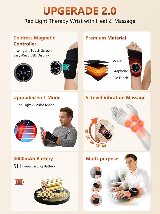 Upgraded 2.0 Red Light Therapy for Hands Wrist with Heat & Massage, 3000mAh Wireless Controller, Infrared & Red Light Wrist Brace & Hands Wrap Pad for Knee Ankle Foot Joint Faster Recovery Pain Relief