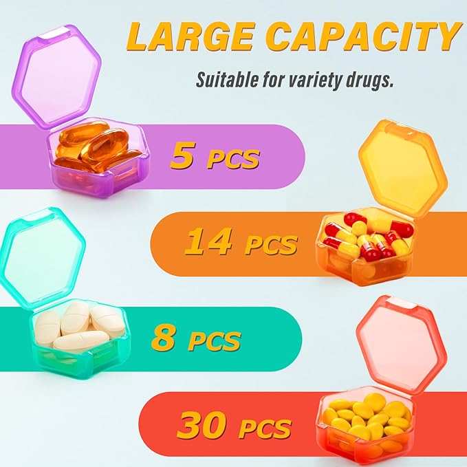 Small Pill Box, 7 Packs Travel Pill Case with Bag, Mini Pill Organizer for Pocket Purse, Daily Portable Medicine Vitamin Box, Fish Oil, Portable Medicine Pill Organizer for Supplements