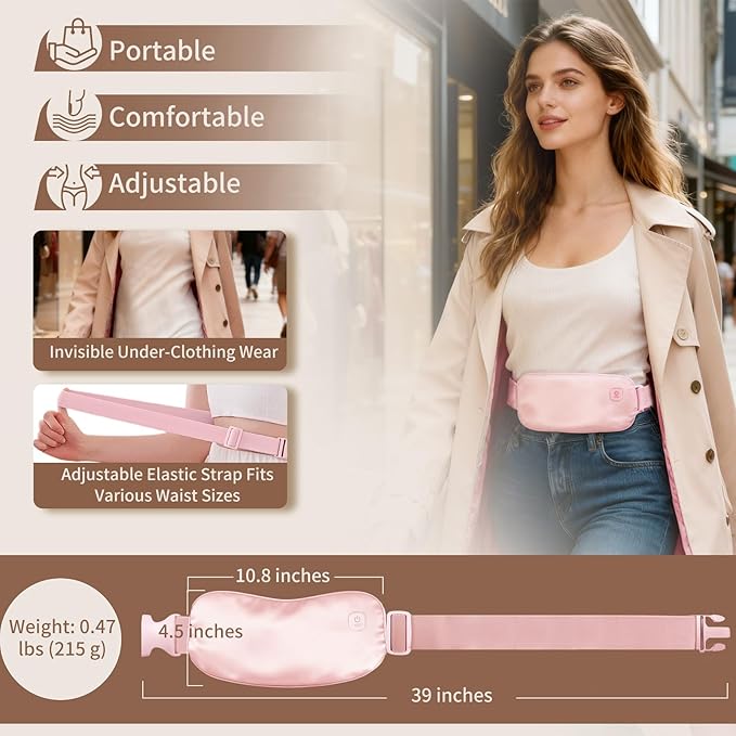 Pure Silk Heating Pad for Period Cramps Portable Cordless Washable 5000mAh Rechargeable Heat Pack for Menstrual, Stomach & Back Pain Relief, 4 Heat Modes with Auto Shut-Off Electric Pink