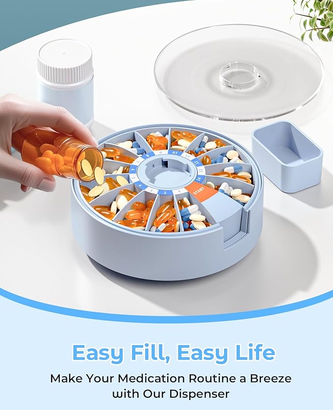 Daviky Pill Dispenser Daily, Large Pill Organizer with Wall-Mounted or Standing Use, 14 Days Pill Container, Push Button Design, Weekly Pill Box for Vitamin, Medicine,Supplement, Fish Oil(Blue)